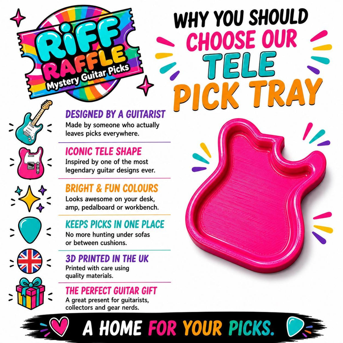 Telecaster Style Pick Tray, Plectrum Storage Bowl, Hot Pink Fender holder, Fun guitar accessories, musician gift, resin 3D printed handmade