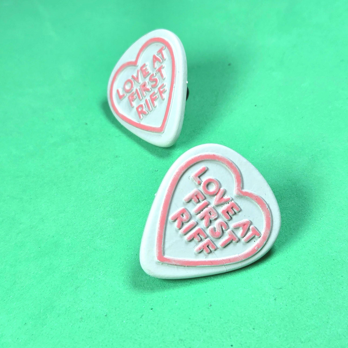 Handmade Love At First Riff Resin Pin Badge, Love Hearts Sweets Style 3D Printed painted varnished, musician guitarist anniversary gift luv