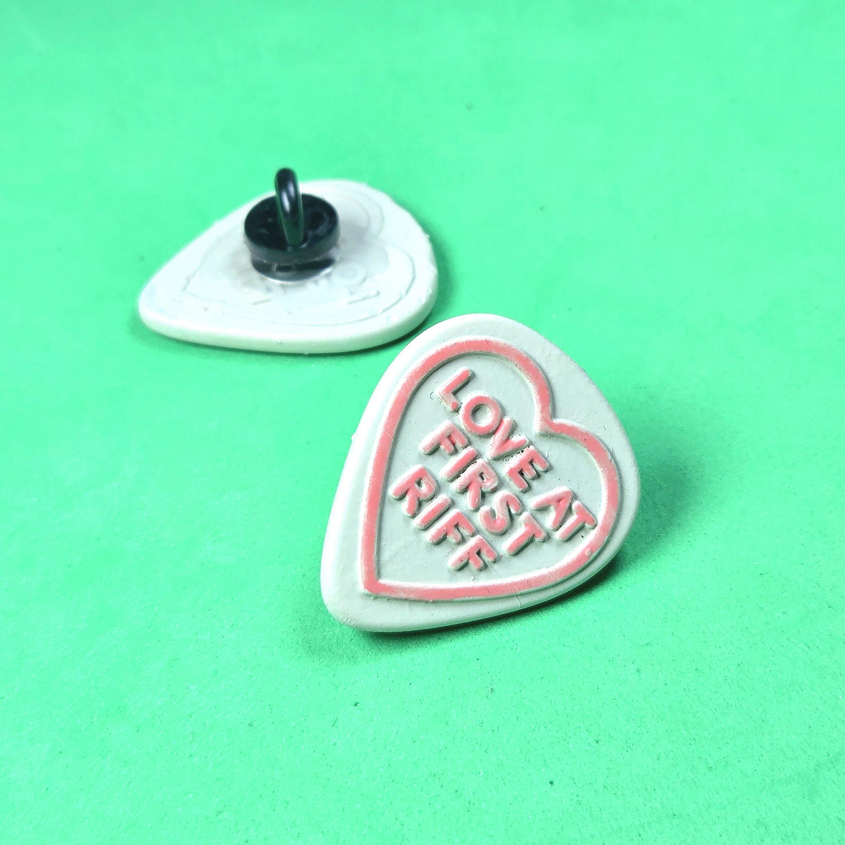 Handmade Love At First Riff Resin Pin Badge, Love Hearts Sweets Style 3D Printed painted varnished, musician guitarist anniversary gift luv