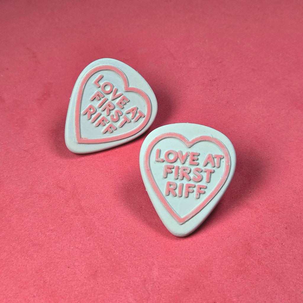 Handmade Love At First Riff Resin Pin Badge, Love Hearts Sweets Style 3D Printed painted varnished, musician guitarist anniversary gift luv