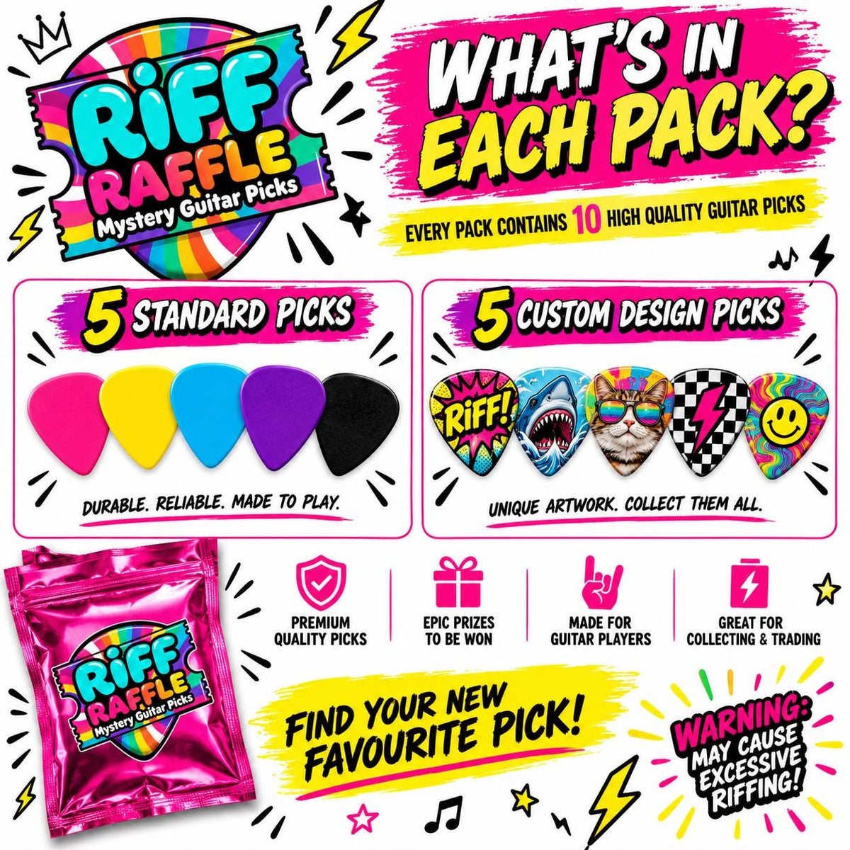 Mystery Guitar Picks 3 Pack Bundle | Plectrum Set | Guitar Accessories | Gift for Guitarist | Random Picks | Riff Raffle